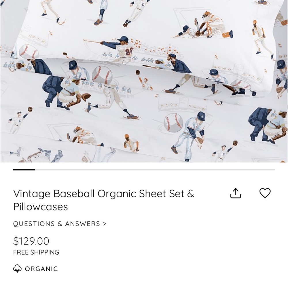 Pottery Barn Kids Baseball Print Sheet Set in Blue and White